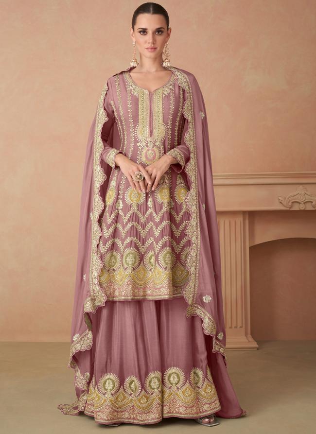 Chinnon Silk Pink Party Wear Embroidery Work Readymade Sharara Suit